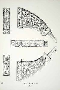 1859 Lithograph John M Gresley Art Powder Flask Horn Hunting Gun Flintlock ZZ4