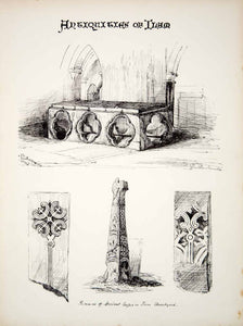 1860 Lithograph Art Chapel St Bertram Tomb Stone Coffin Cross Ilam England ZZ5