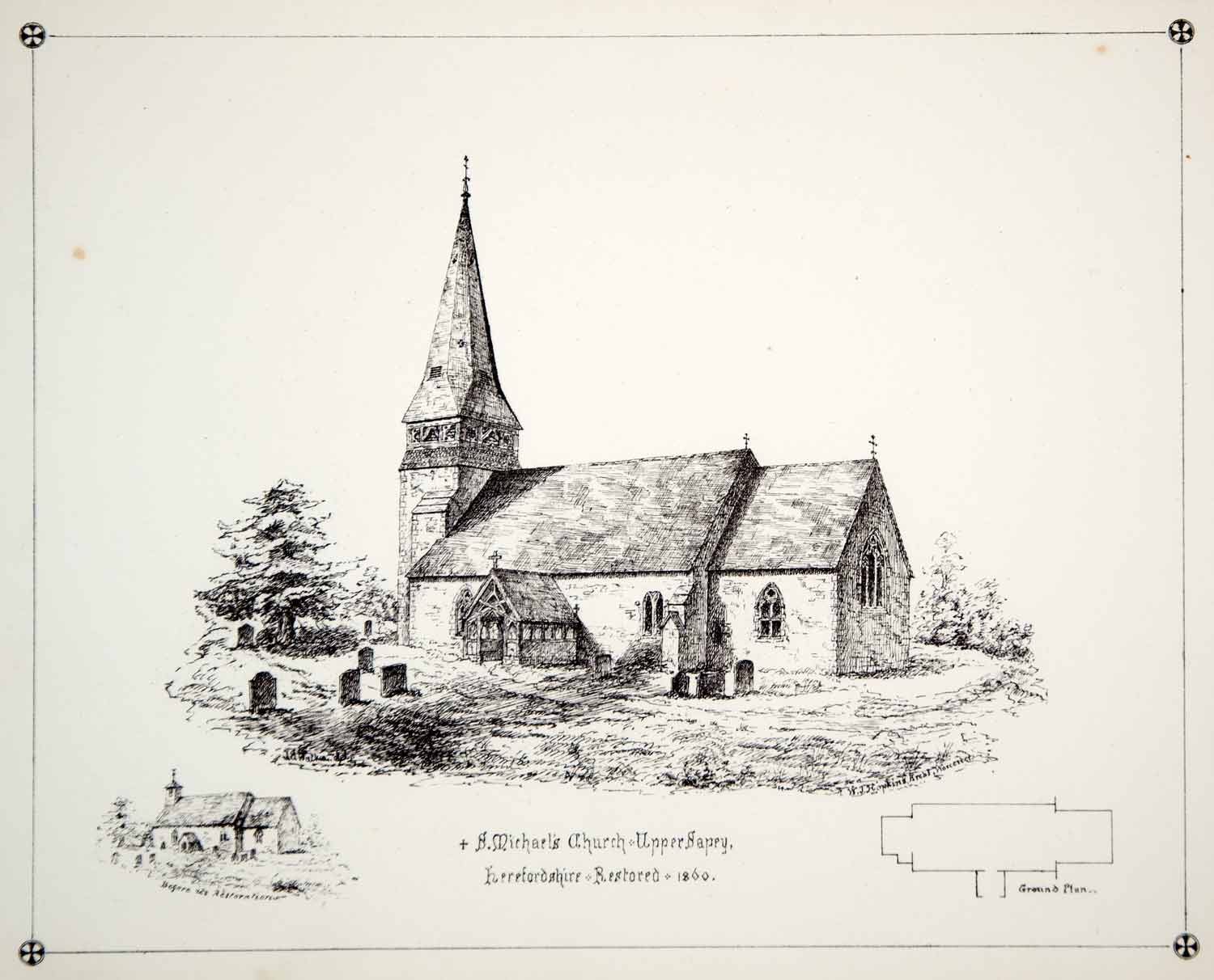 1860 Lithograph JE Walker Art St Michaels Church Upper Sapey England UK ZZ5