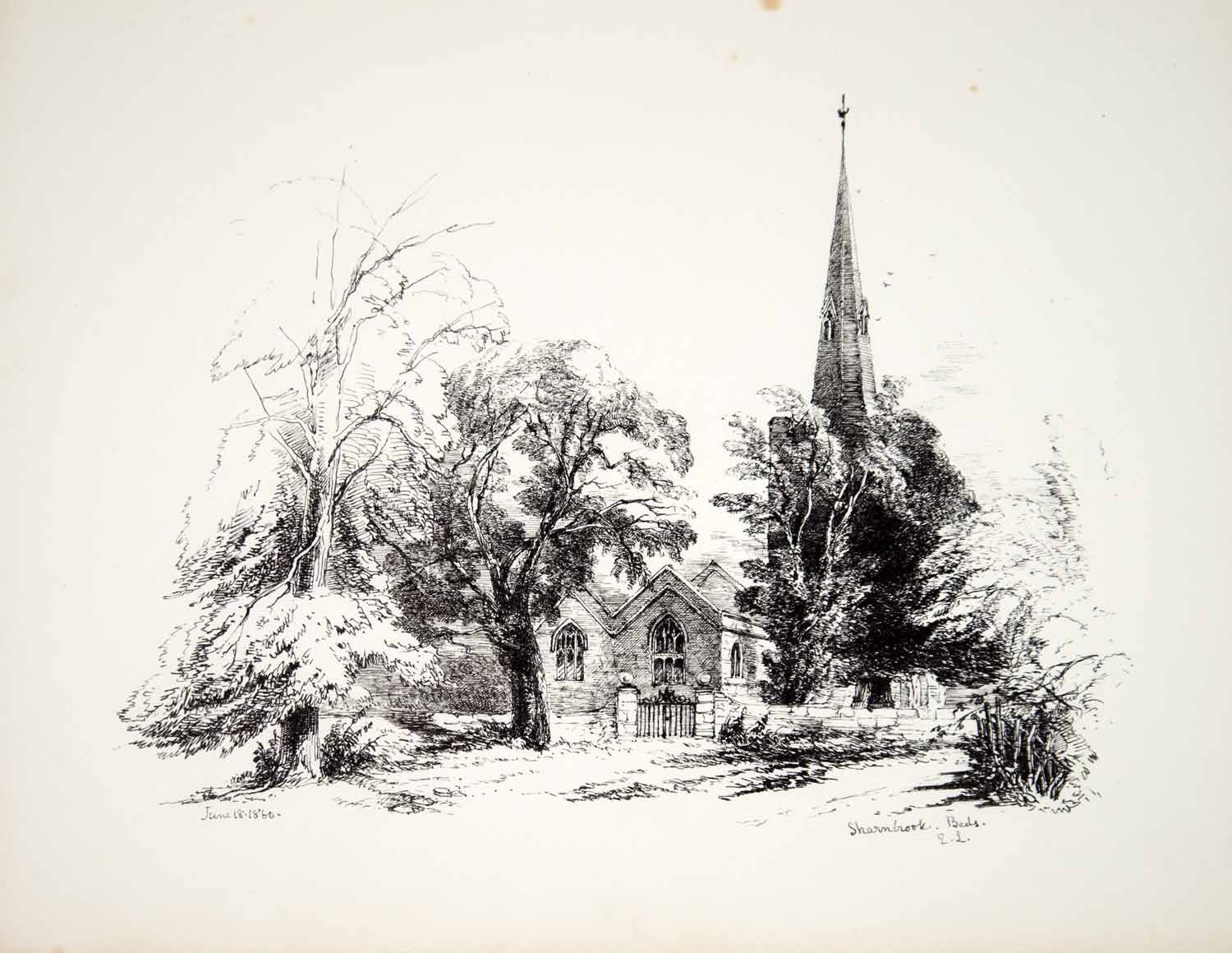 1860 Lithograph Art Church St Peter Sharnbrook England Gothic Architecture ZZ5