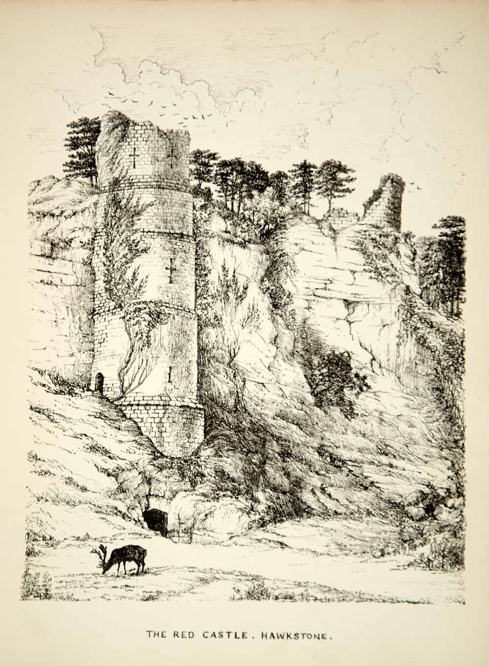 1861 Lithograph H Meynell Art Red Castle Hawkstone Park Shropshire England ZZ6