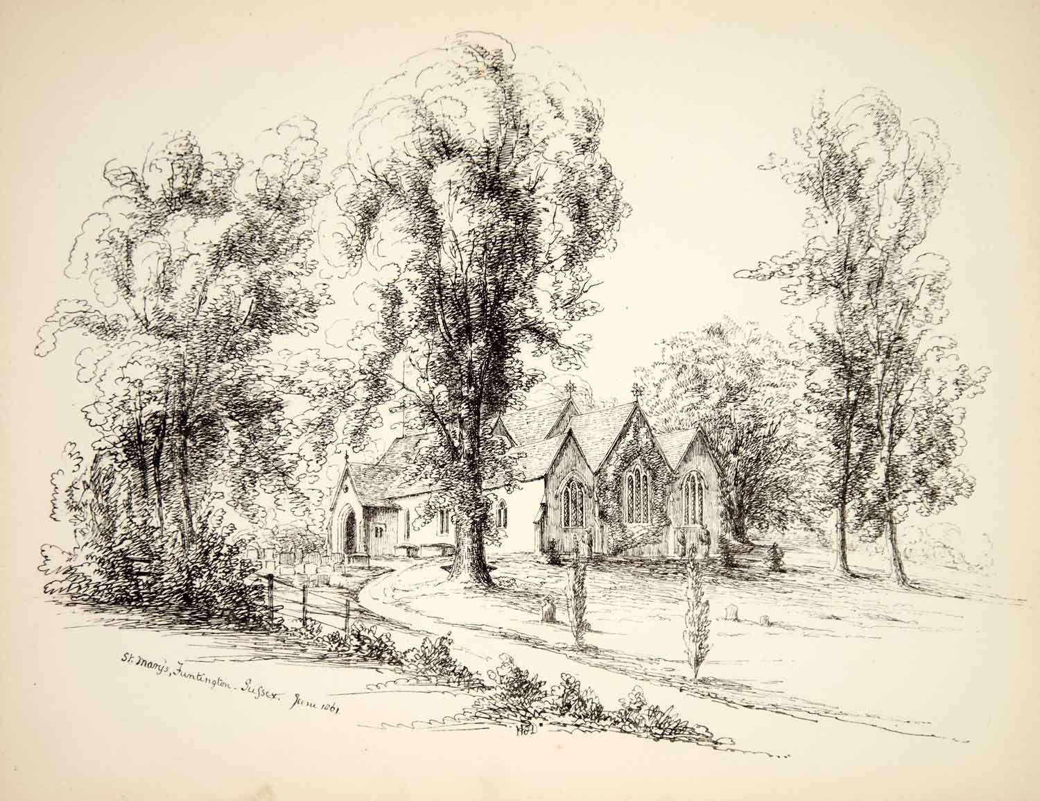 1861 Lithograph Helen Douglas Art St Mary Anglican Church Funtington England ZZ6
