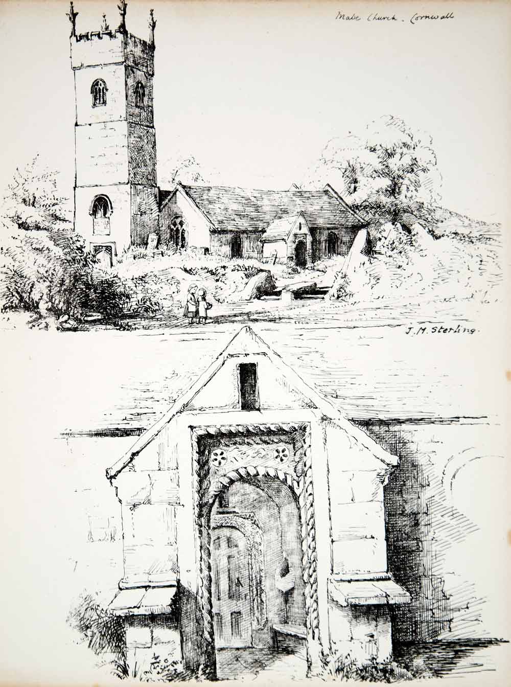 1861 Lithograph JM Stirling Art St Lauds Church Mabe Cornwall England UK ZZ6
