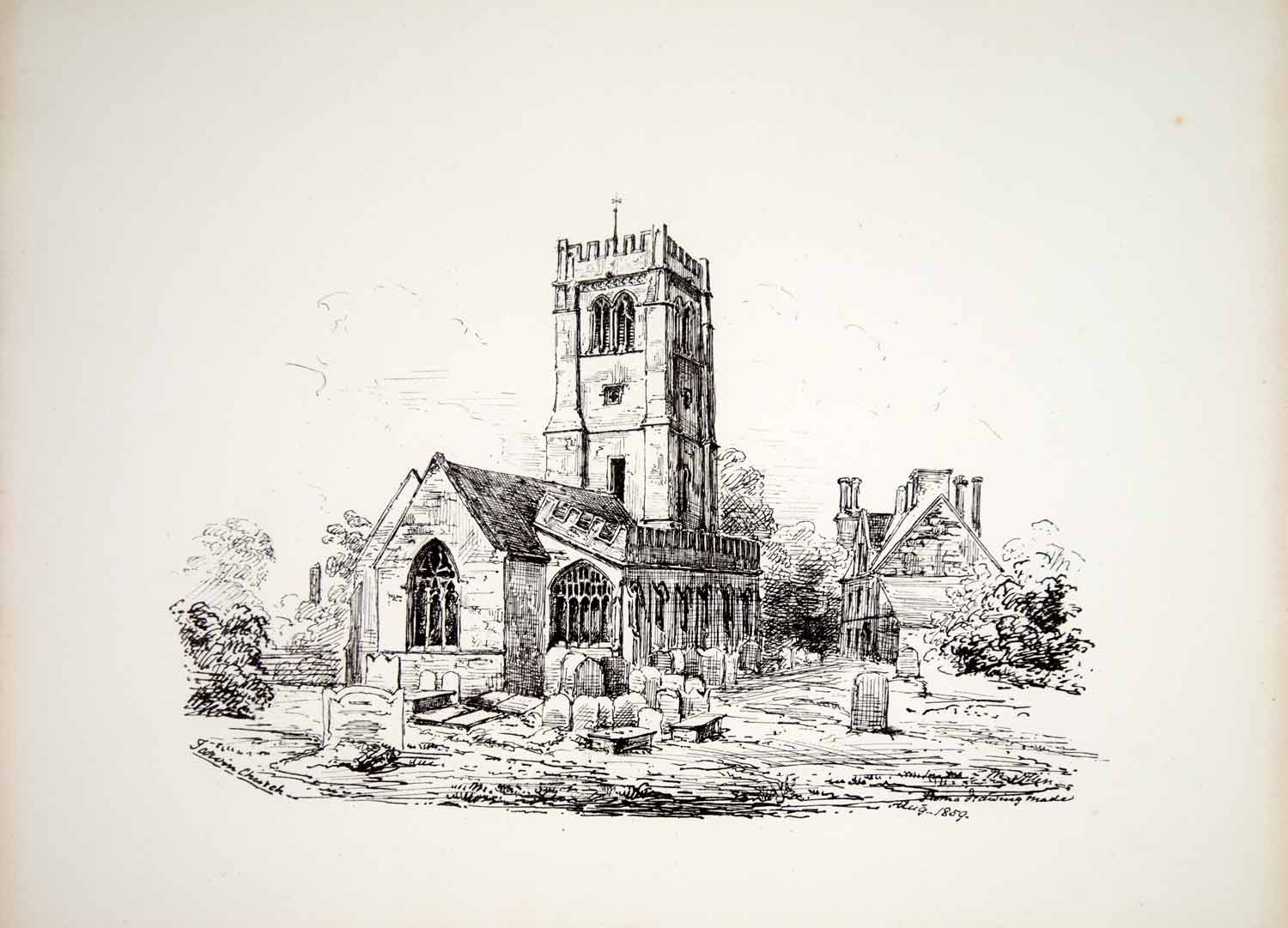 1861 Lithograph M Allen Art St Andrews Church Tarvin Cheshire England Gothic ZZ6