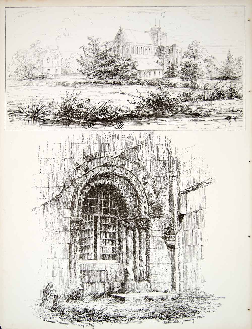 1863 Lithograph JP Swanwick Art Romsey Abbey Norman Architecture England UK ZZ7