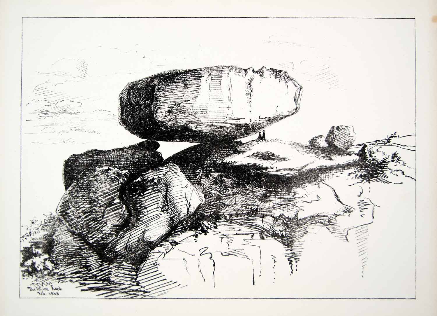1863 Lithograph Sterling Art Maen Rock Formation Geology Cornwall England ZZ7