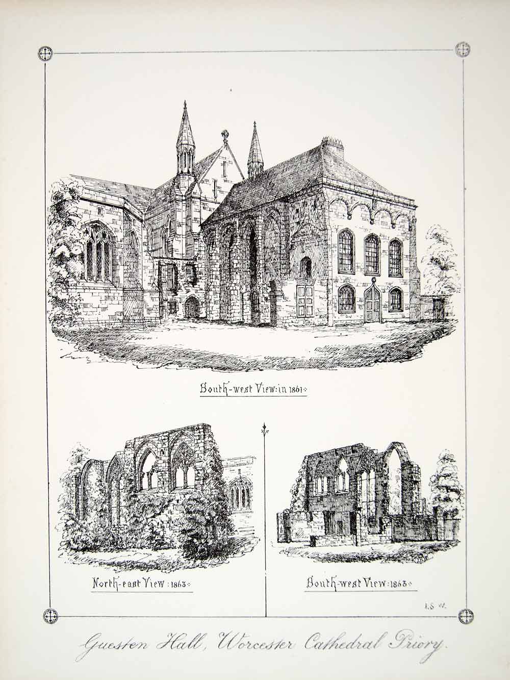 1863 Lithograph JS Walker Art Guesten Hall Worcester Cathedral England UK ZZ7