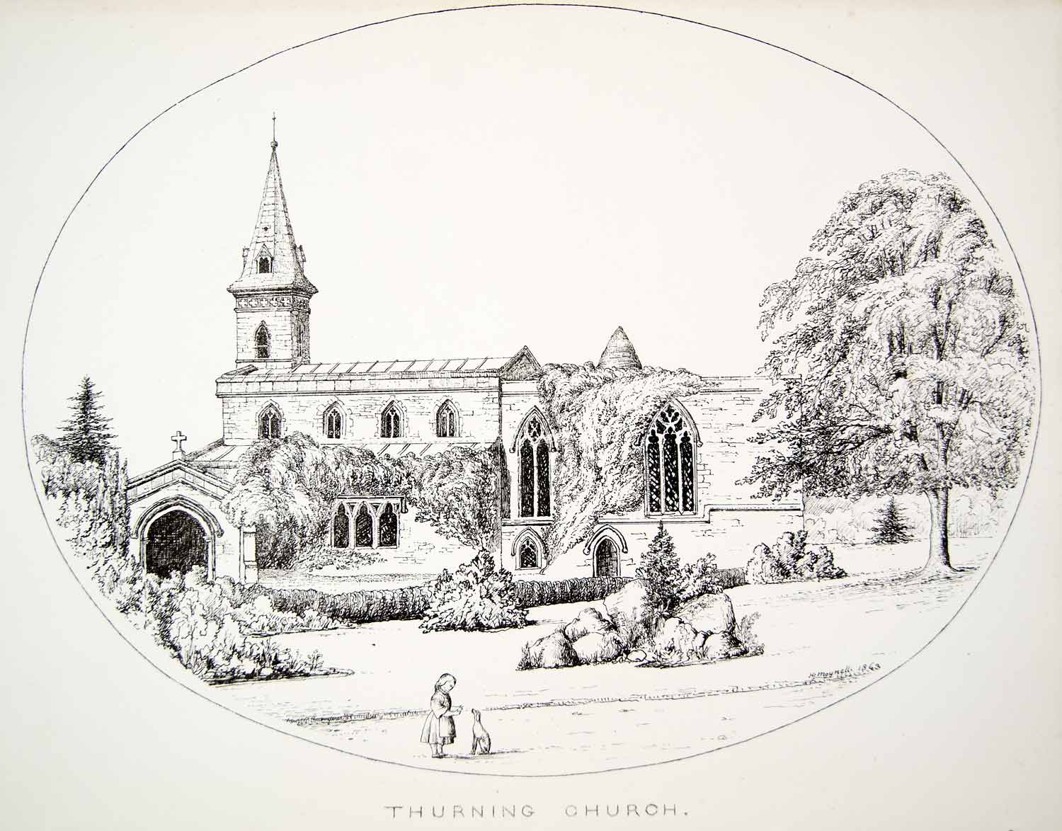1863 Lithograph H Meynell Art Church St James Thurning Northamptonshire UK ZZ7