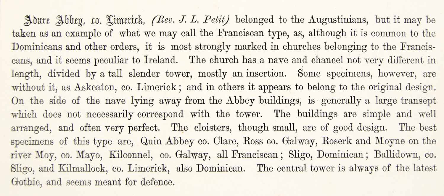 1863 Lithograph J Petit Art Franciscan Friary Adare County Limerick Ireland CZZ7