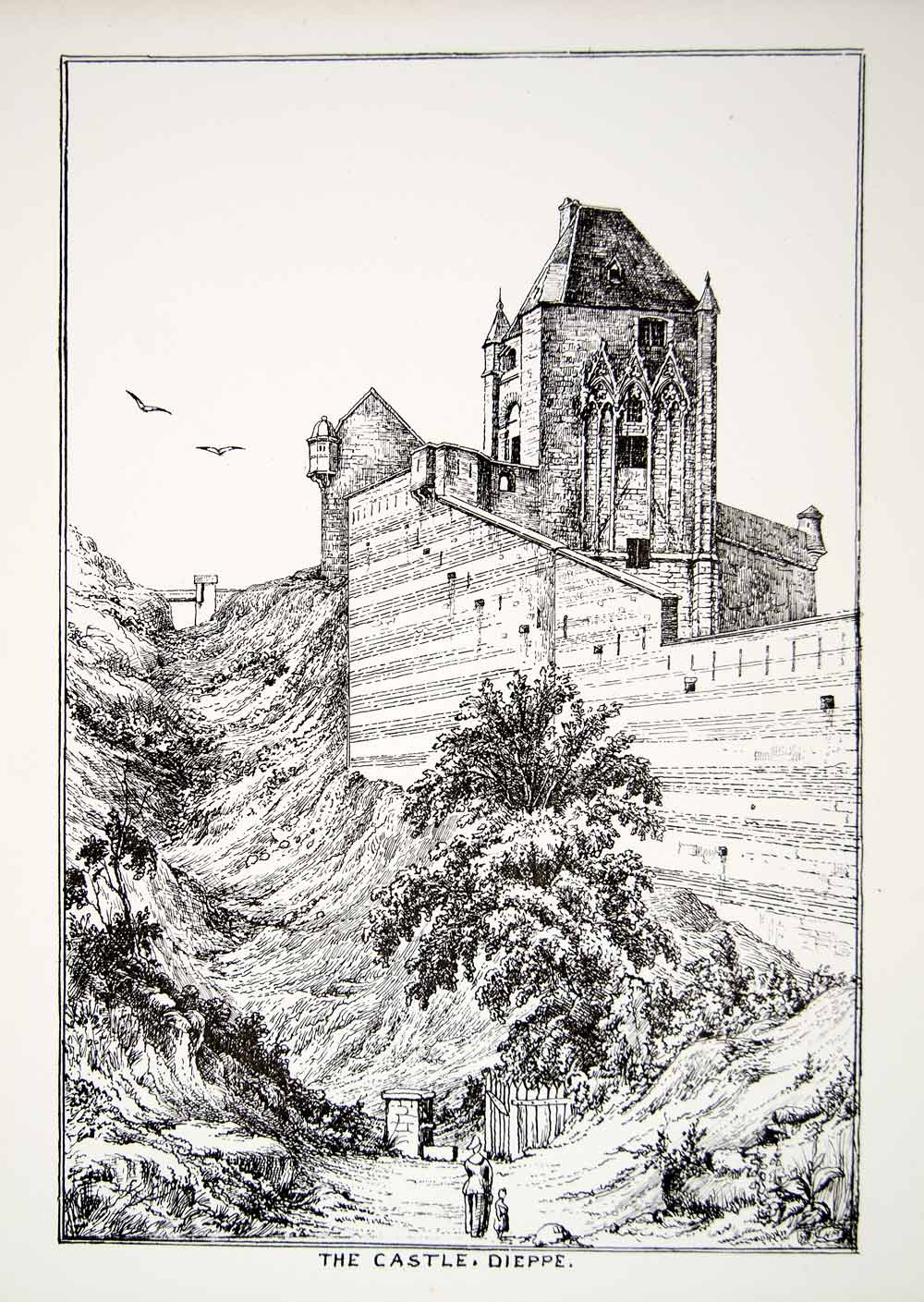 1863 Lithograph H Meynell Art Tower Church St Remy Chateau de Dieppe France ZZ7