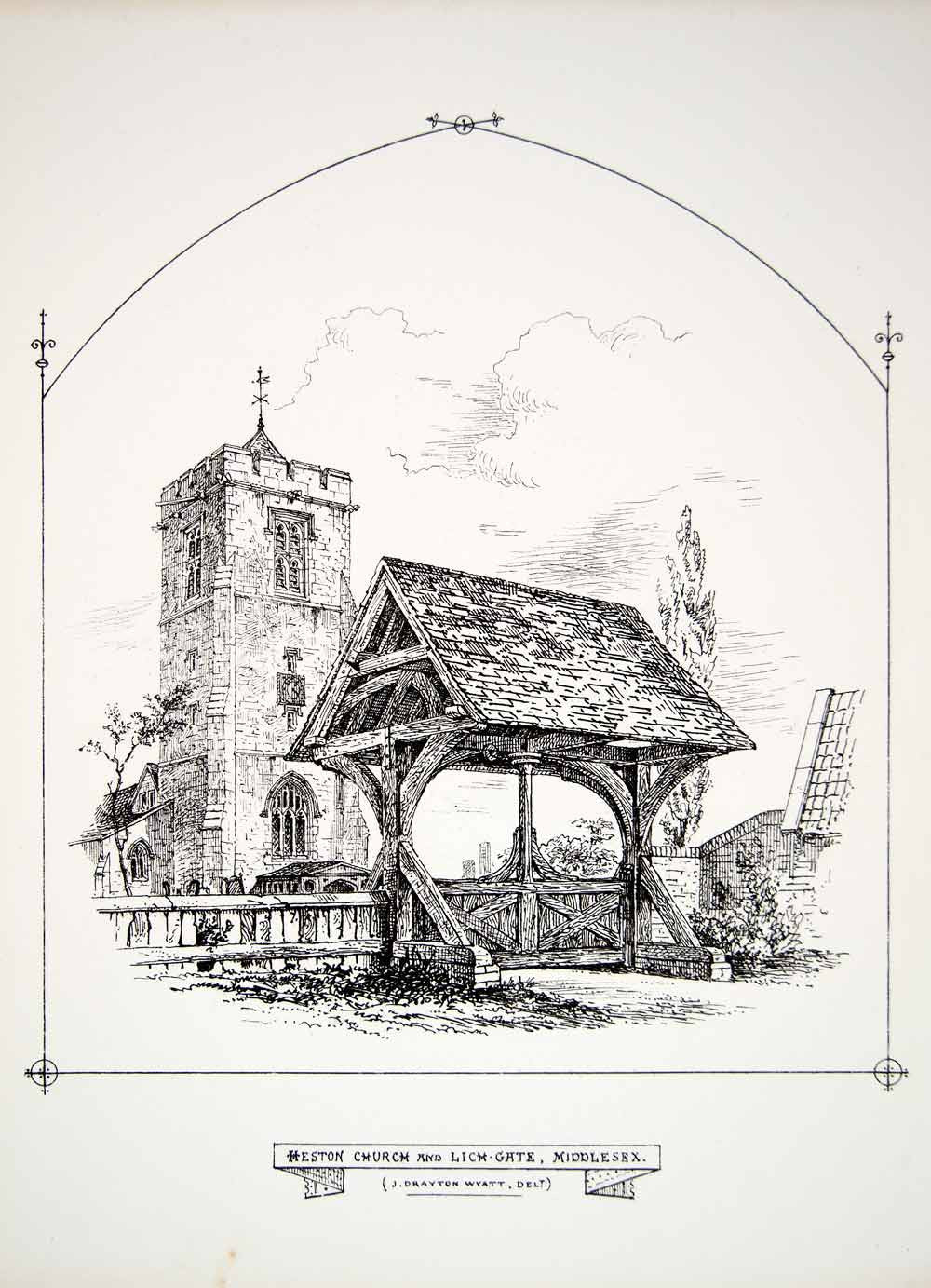 1864 Lithograph John Drayton Wyatt Art St Leonards Church Lychgate Heston UK ZZ8 - Period Paper
 - 1