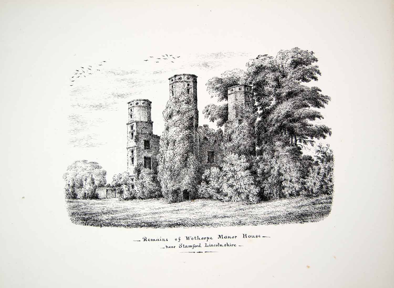 1864 Lithograph JS Whitty Art Wothorpe Towers Lodge Estate Cambridgeshire UK ZZ8