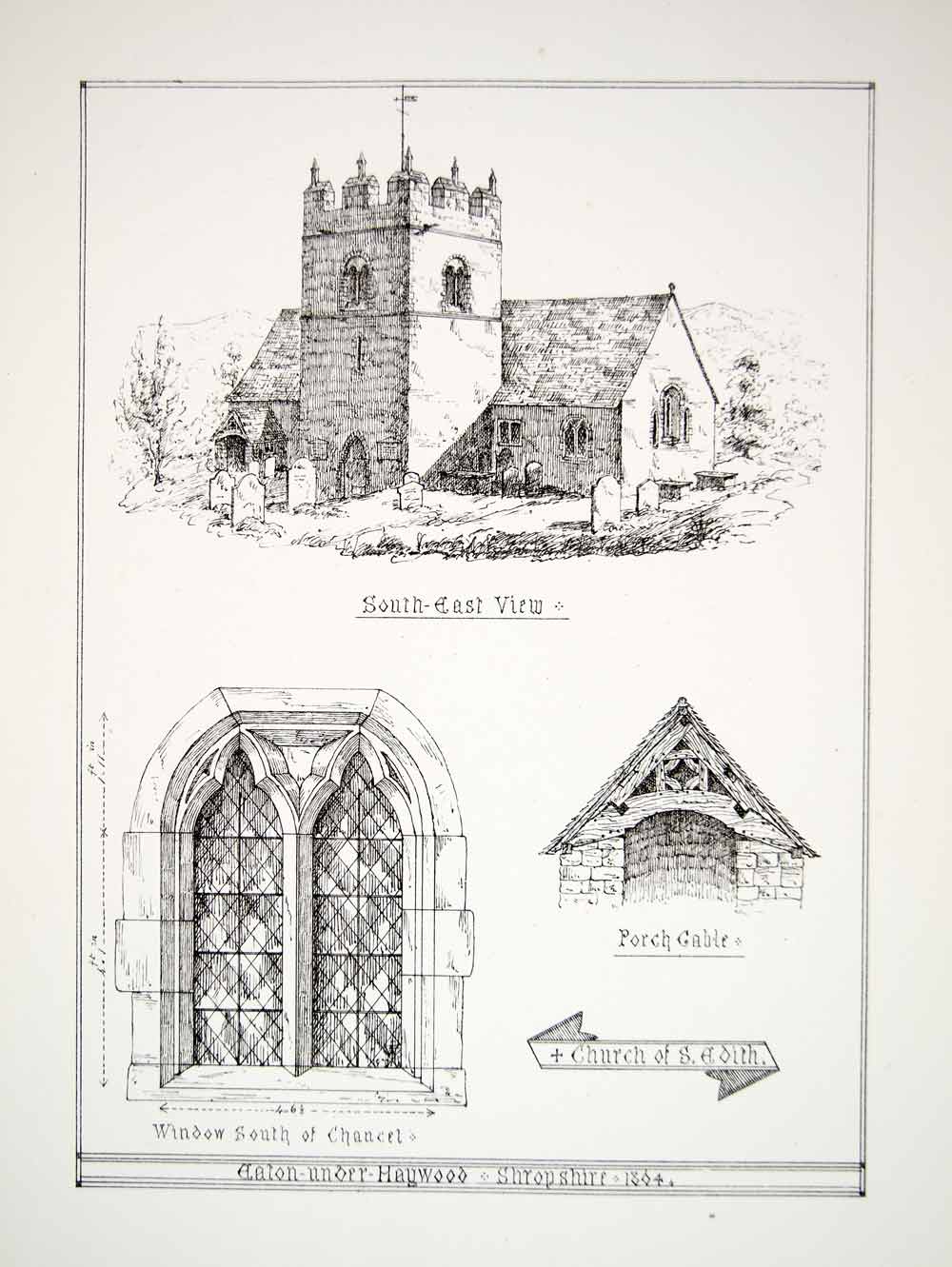 1864 Lithograph JS Walker Art St Ediths Church Eaton-under-Heywood England ZZ8