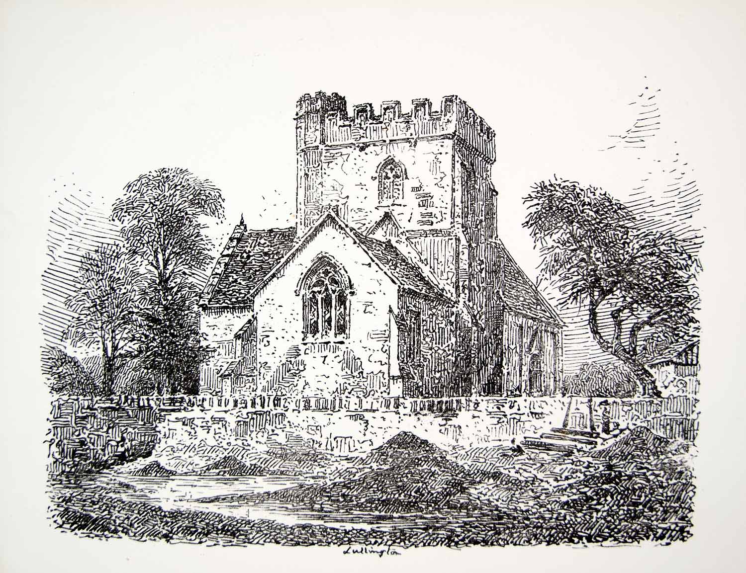 1864 Lithograph JL Petit Art Church All Saints Lullington Somerset England ZZ8