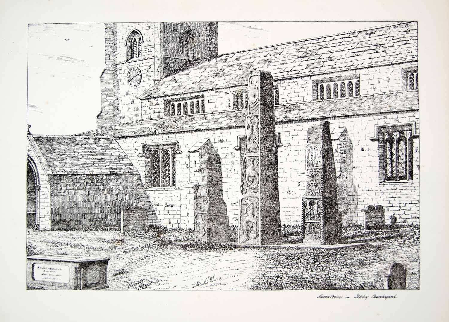 1864 Lithograph Richard Tyrer Art Cross All Saints Church Ilkley England UK ZZ8