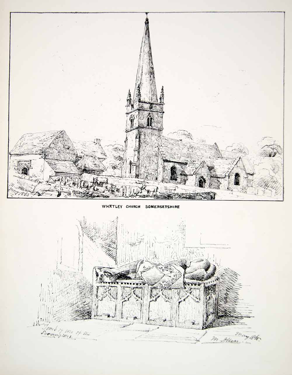 1865 Lithograph M Allen Art St Georges Church Somerset UK Servington Tomb ZZ9