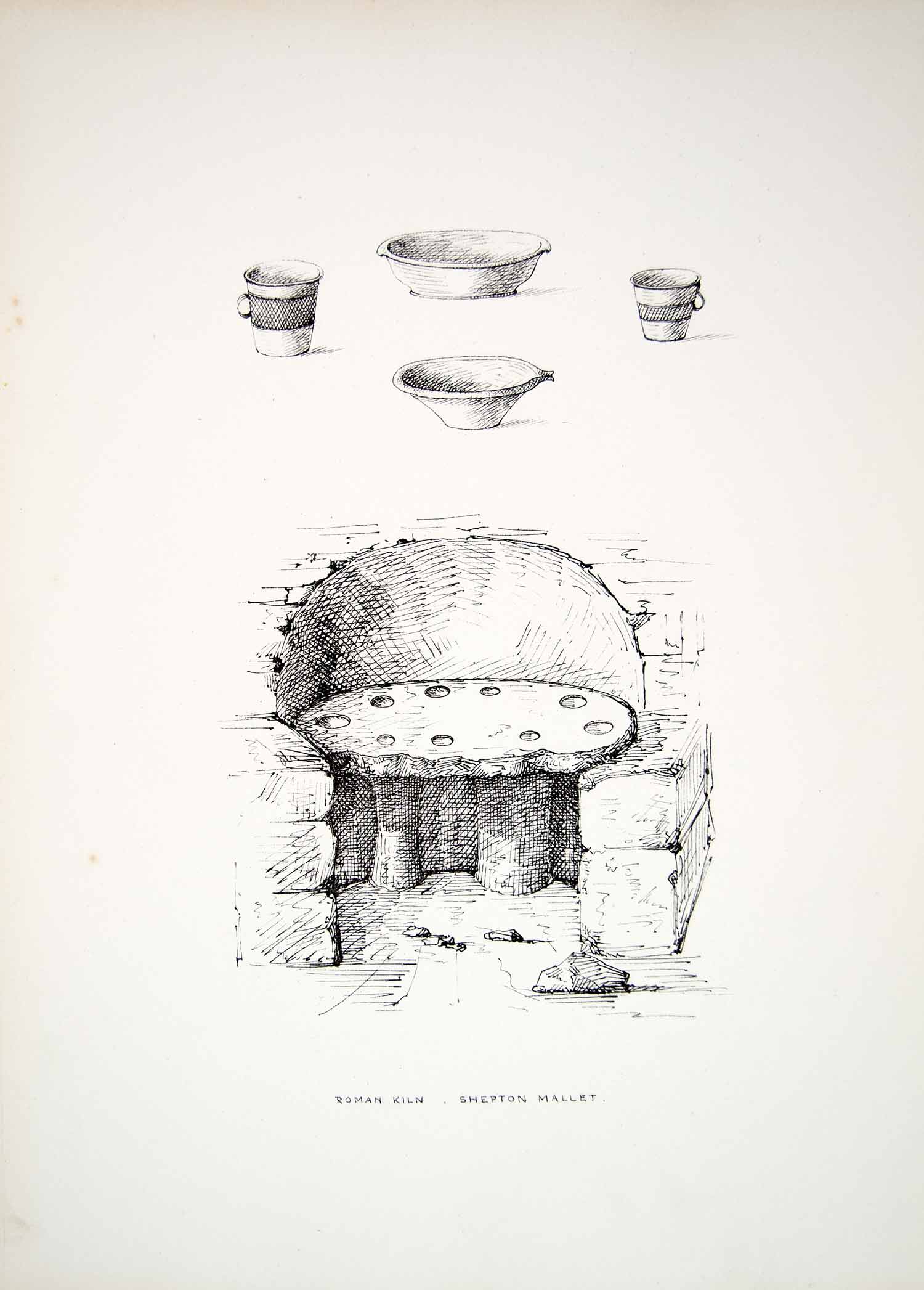 1865 Lithograph CS Beckett Art Ancient Roman Kiln Archaeology Shepton Mallet ZZ9