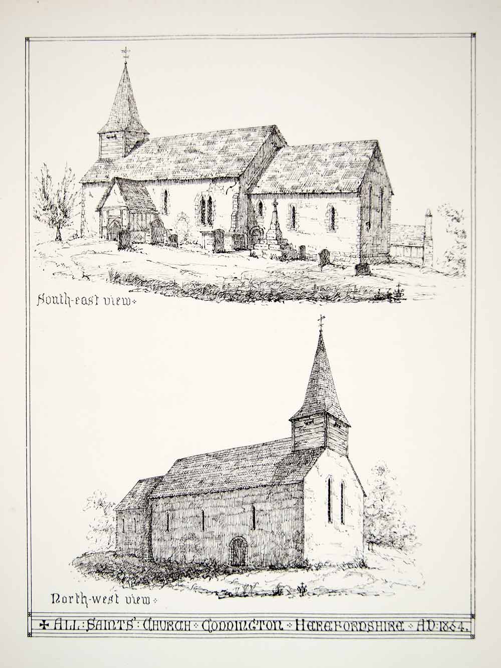 1865 Lithograph JS Walker Art All Saints Church Coddington Herefordshire UK ZZ9