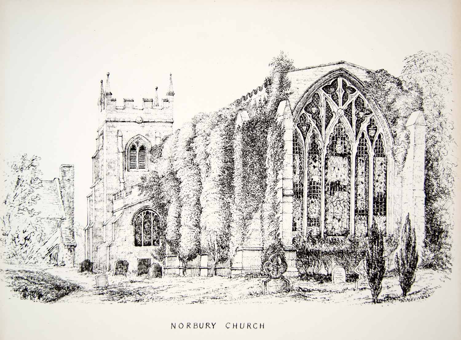 1865 Lithograph H Meynell Art Church St Mary Barlock Norbury Derbyshire UK ZZ9